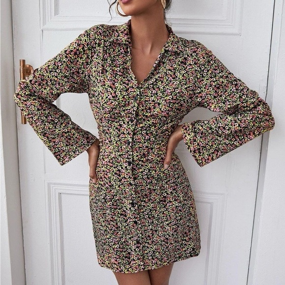 ZARA Long Sleeve Button Down Floral Print Mini Dress - Picture 1 of 4